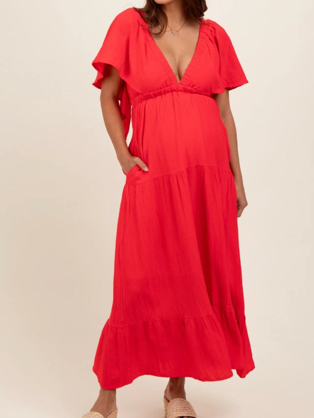 Coral Deep V-Neck Flutter Sleeve Tiered Maternity Midi Dress